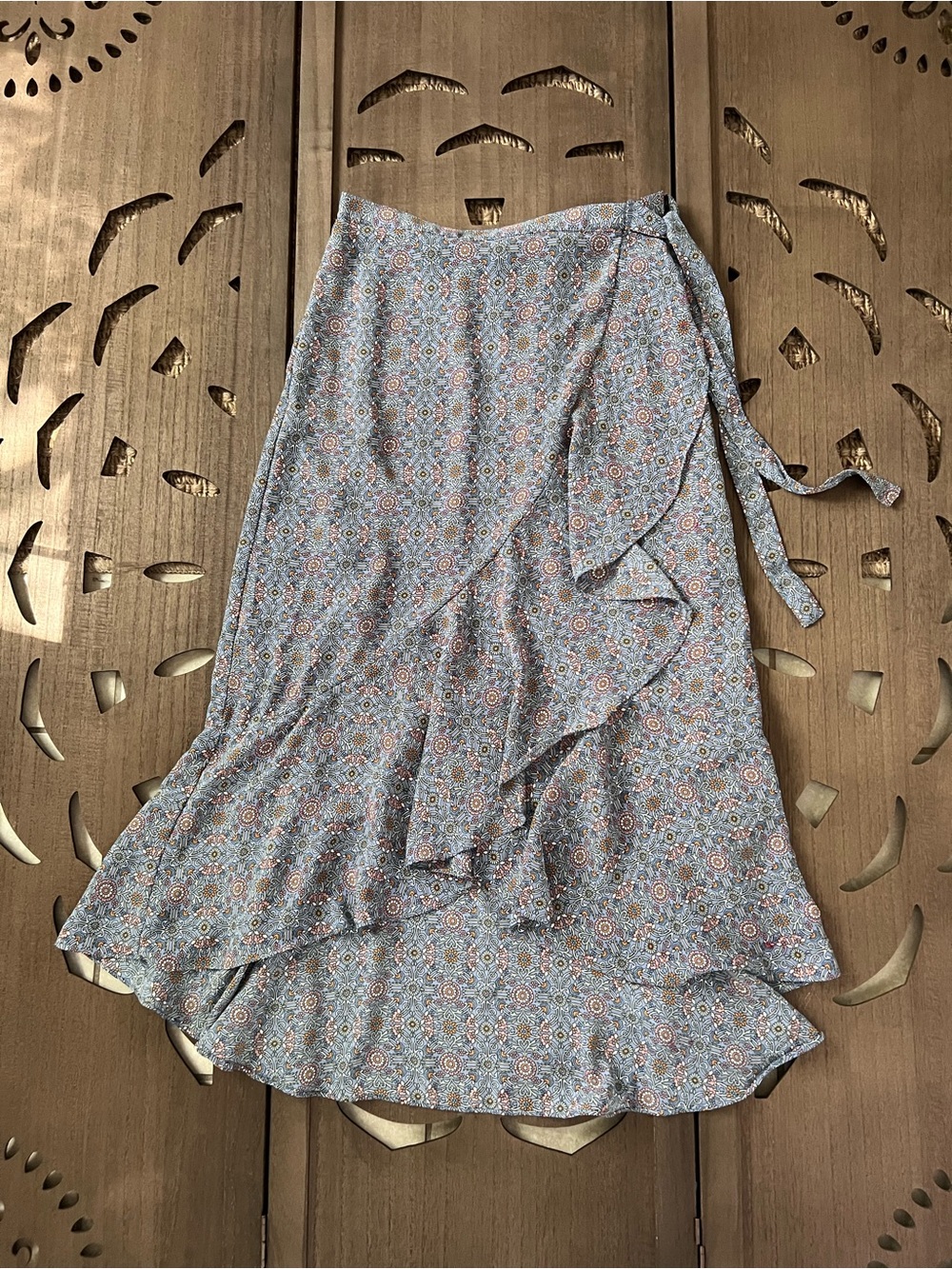 Max Studio Women Skirt Blue Floral High Low Ruffle Wrap Side Zip Size XS boho